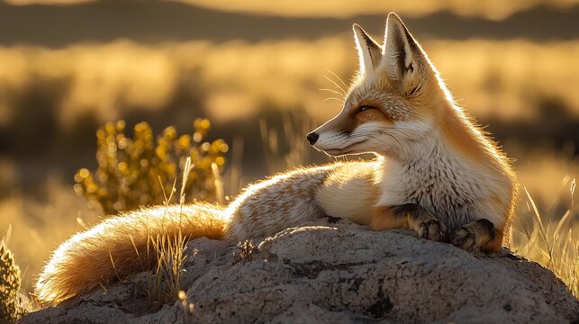 Pampas Fox Pampas fox resting on a sunlit rock its fur shimmering in the golden light of the Argentine plains