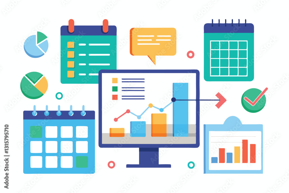 Poster a computer displays charts and graphs alongside calendars and checklists for planning tasks effectiv