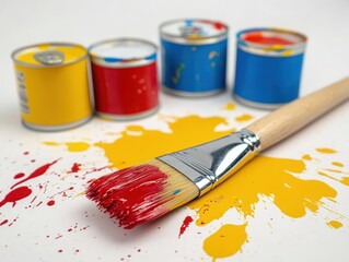 Obraz premium A close-up view of a paintbrush resting on colorful paint splatters in red, yellow, and blue, with cans of matching paint beside it. 