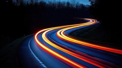 Night Drive: Trails of Light on Winding Road