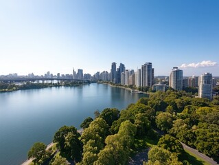 Obraz premium A panoramic aerial shot of a city skyline with a mix of modern buildings and natural landscapes. 