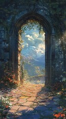 Obraz premium Stone Arch Gateway to Majestic Mountain Landscape