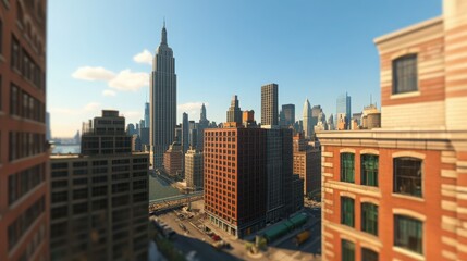 Fototapeta premium An aerial view of a bustling city skyline with towering skyscrapers and the famous Brooklyn Bridge in the foreground.