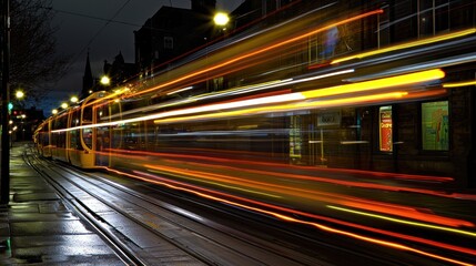 Night Lights: A Tram's Motion Blur Through City Streets