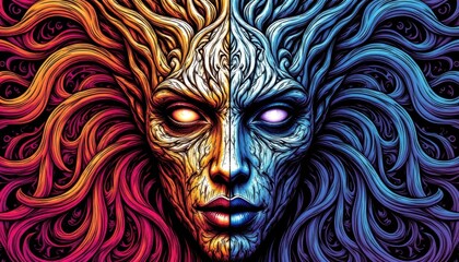 A mythical face abstract featuring swirling patterns of vibrant colors that form a fantastical creature with intricate detailing and mesmerizing symmetry.