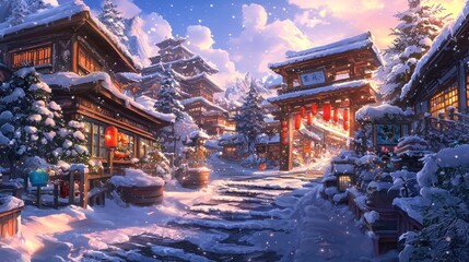 Obraz premium Snowy Winter Village in the Mountains: A Digital Painting of a Serene Asian-Inspired Town