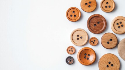 Obraz premium Variety Of Wooden Buttons In Different Shapes And Sizes Arranged Neatly On A Light Background For Sewing And Crafting Projects