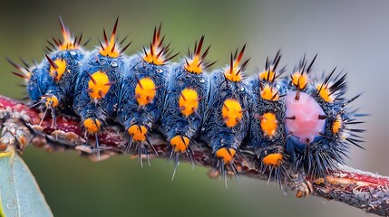 Close-up of a vibrant, spiky caterpillar.  Details of its striking blue and orange patterns are clearly visible, with numerous black spines.  The caterpillar is perched on a twig