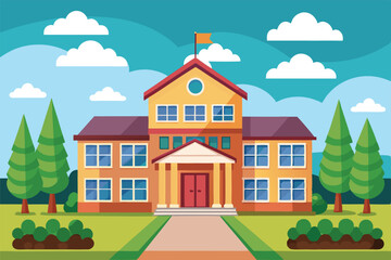 The school building stands prominently among green trees under a clear blue sky with fluffy clouds, school building