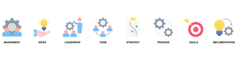 Business banner web icon vector illustration concept with icon of management, ideas, leadership, team, strategy, process, goals, implementation