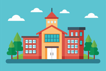 A vibrant school building design features multiple sections with trees and clouds creating a lively atmosphere, school building set vector flat minimalistic isolated illustration