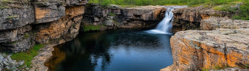 Experience the mesmerizing beauty of a pure and energetic waterfall cascading amidst dramatic cliffs Witness the calm and powerful natural beauty unfolding in this breathtaking landscape Capture the