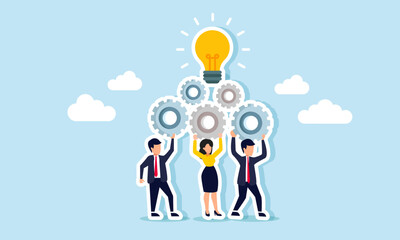 Businesspeople collaborate to assemble a gear system to light up a lamp, illustration of a good system fostering creativity in business ideas