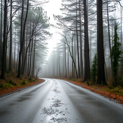 Fototapeta premium Deserted forest road in the rain. Rankness. Ukrainian nature.