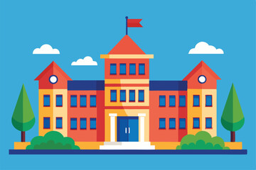 Fototapeta premium A vibrant school building is depicted, featuring a welcoming design and surrounded by stylized trees and clouds, school building set vector flat minimalistic isolated illustration