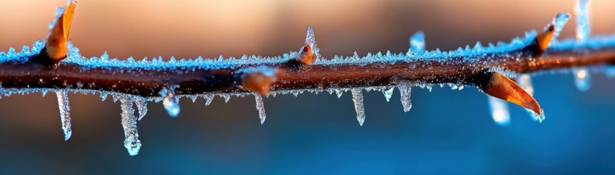 Experience the serene beauty of a peaceful winter morning captured in this exquisite photograph Behold icy branches adorned with sparkling frost, a testament to nature's intricate artistry The