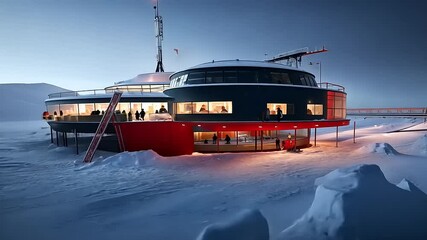 Modern research facility in a snowy landscape with scientists conducting studies at dusk