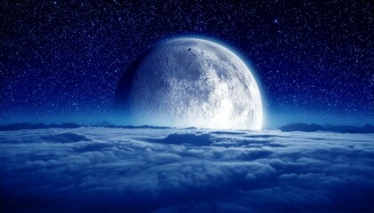 Naklejka premium Lunar eclipse event over clouds night sky digital art tranquil atmosphere wide angle cosmic beauty