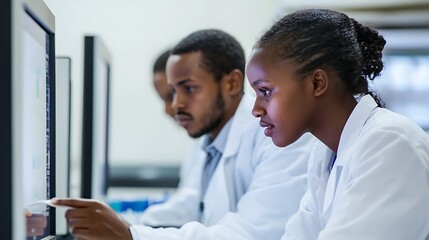 Obraz premium Focused Young Scientists Working on Computer Research in a Modern Laboratory Setting