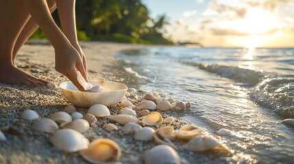 A person is picking up shells on a beach
