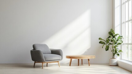 Modern living room interior, minimalist design, sunlight streaming through large window