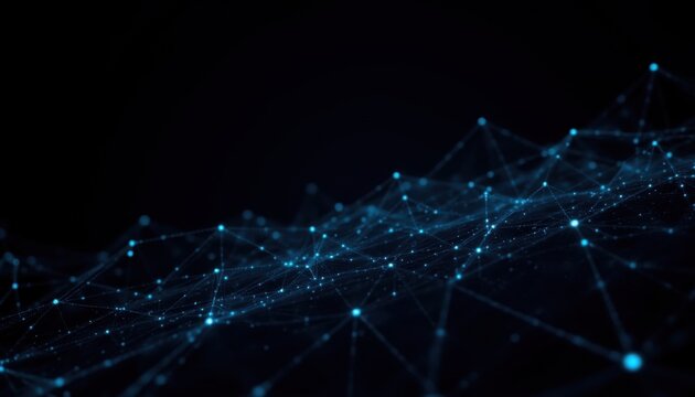 The abstract polygonal space low poly dark background features a stunning array of connecting dots and lines that form a intricate and mesmerizing connection structure in this stri