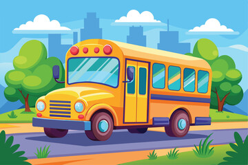 A cheerful school bus rolls along a vibrant road surrounded by trees and a bright city background, School bus Customizable Cartoon Illustration