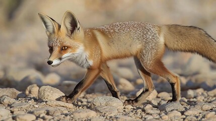 Rppells Fox Rppells fox cautiously stepping across the rocky Arabian desert its sandy colored fur camouflaging it perfectly