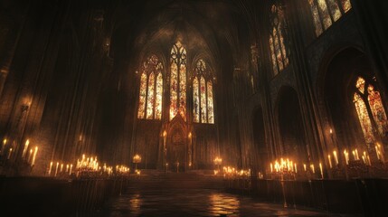 Fototapeta premium Ethereal Gothic cathedral interior with stained glass windows and candle lights