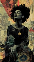 Naklejka premium Serene Black Woman Portrait: Afro, Gold Jewelry, Mixed Media Art