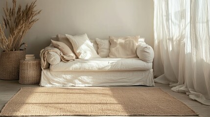 Serene Living Room Interior Design: Beige and Neutral Tones, Cozy Atmosphere, Natural Textures, and Sunlight