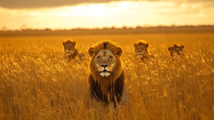 Fototapeta premium Savanna Warriors lion pride resting in tall golden grass with the leader standing watch against the backdrop of an African sunset