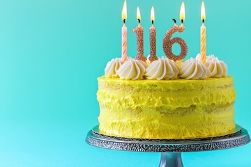 Sixteen candle yellow cake on a pastel blue background, text-ready.