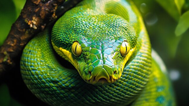 Serpents Stare green tree python coiled around a branch its hypnotic yellow eyes staring forward