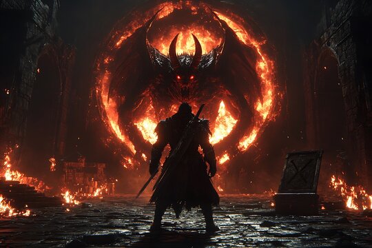 A warrior confronts a fiery demon in a hellish environment - Powered by Adobe