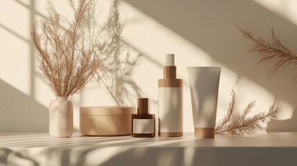 High-res 3D mockup of cosmetic products, minimalist beige and brown theme.