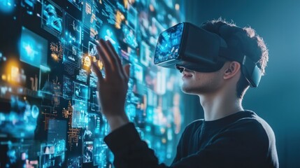 Immersive Virtual Reality Experience: Man Interacting with a Futuristic Digital Interface
