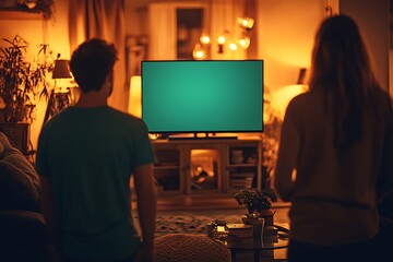 Obraz premium Couple watching TV in cozy living room