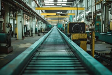 Industrial conveyor belt in a factory setting. Shows the process of manufacturing and production lines.