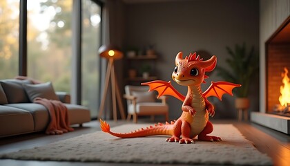 Adorable Orange Dragon in Cozy Living Room
