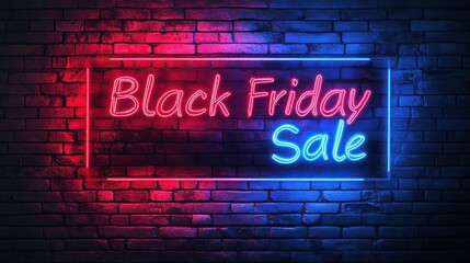 Fototapeta premium Black Friday Sale sign in neon lights on a brick wall.