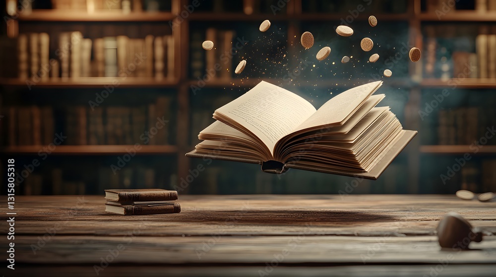 Poster floating book mockup with blank pages set against a softly lit library background creating a clean a
