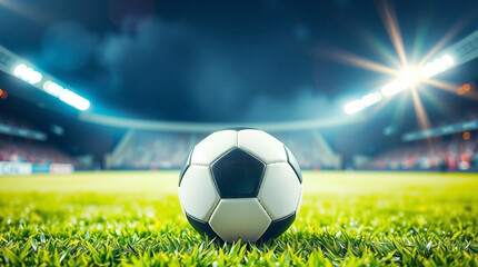 Fototapeta premium Soccer Ball in Stadium – Football Match, Sports, Competition & Game Night. Generative AI 