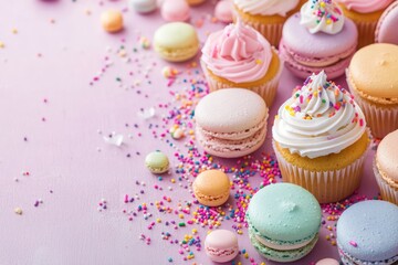 Fototapeta premium Cupcakes and macarons on a pastel background with sprinkles.