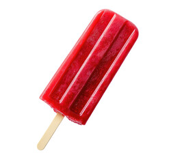 A vibrant red popsicle on a wooden stick, showcasing its glossy texture and three distinct grooves, perfect for summer treats and refreshing moments
