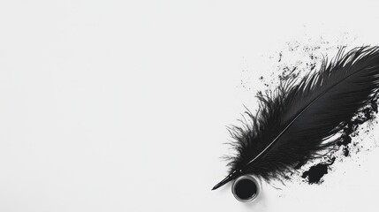 Obraz premium Black Feather Quill and Ink Pot on White Background for Writing