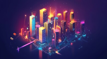 Colorful Futuristic Cityscape with Neon Lights and Vibrant Skyscrapers at Night