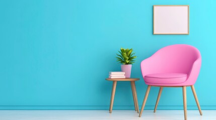 Cozy Pink Chair with Table and Plant Against Bright Blue Wall