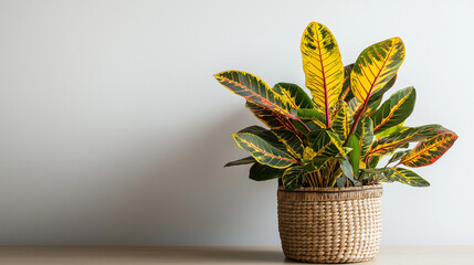 A croton plant in an elegant woven basket, placed on top of a table against a white wall. The plant has vibrant leaves with yellow and red stripes