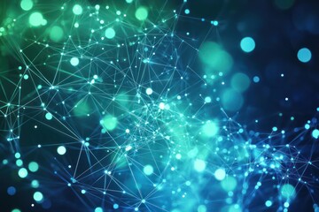 Optical network background with blurred dots in blue and green hues, captured in wide angle.